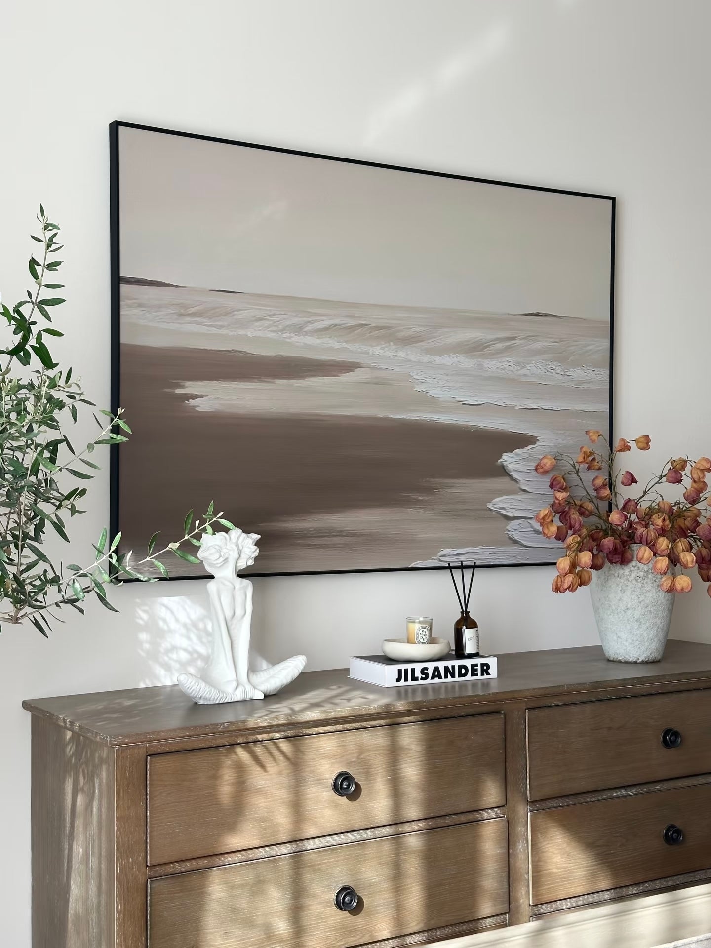 100% hand-painted minimalist coastal abstract painting with heavy 3D impasto texture, neutral sand and cream color palette, titled Serene Shoreline by Leo Liang.