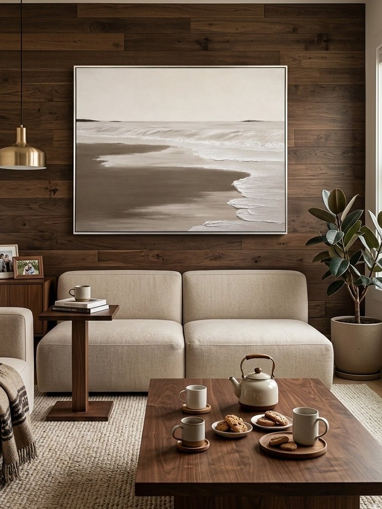 100% hand-painted minimalist coastal abstract painting with heavy 3D impasto texture, neutral sand and cream color palette, titled Serene Shoreline by Leo Liang.
