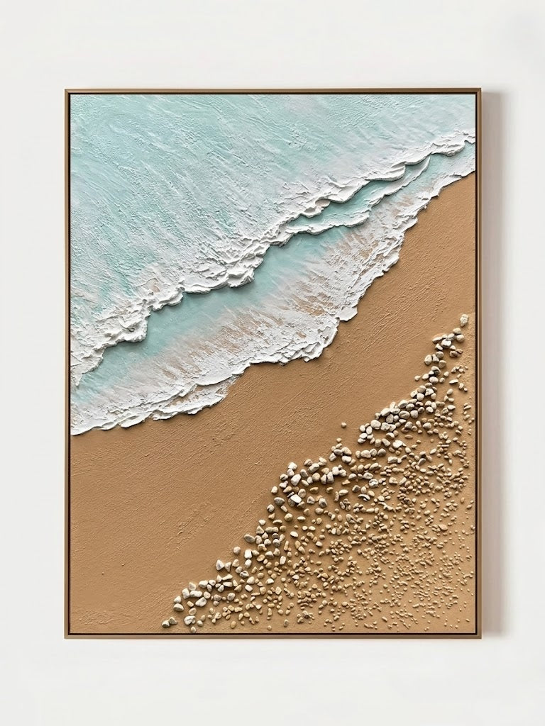 Large hand-painted 3D textured ocean beach canvas painting with sculpted waves and pebbles by Leo Liang for coastal living room decor.
