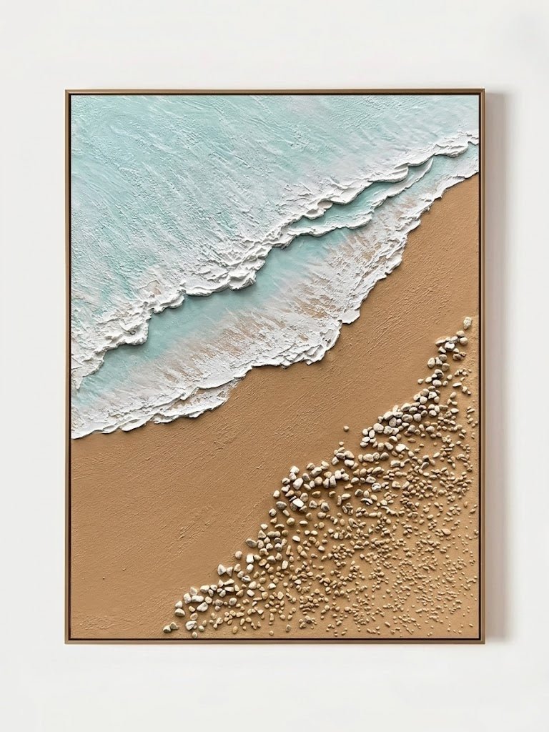 Large hand-painted 3D textured ocean beach canvas painting with sculpted waves and pebbles by Leo Liang for coastal living room decor.