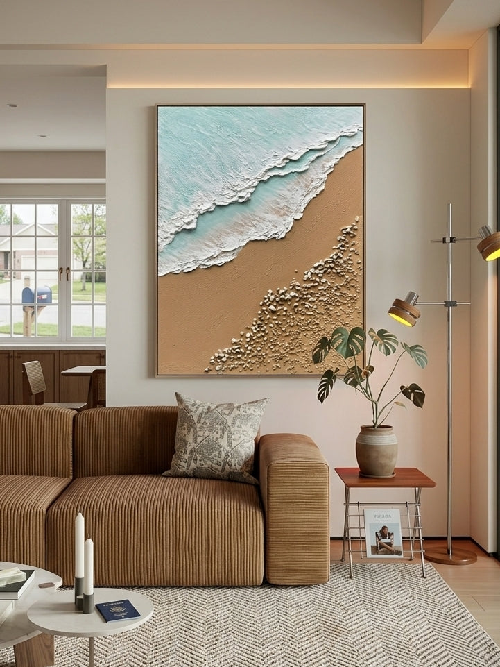 Large hand-painted 3D textured ocean beach canvas painting with sculpted waves and pebbles by Leo Liang for coastal living room decor.