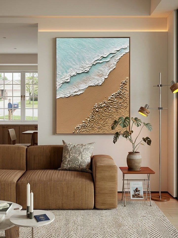 Large hand-painted 3D textured ocean beach canvas painting with sculpted waves and pebbles by Leo Liang for coastal living room decor.