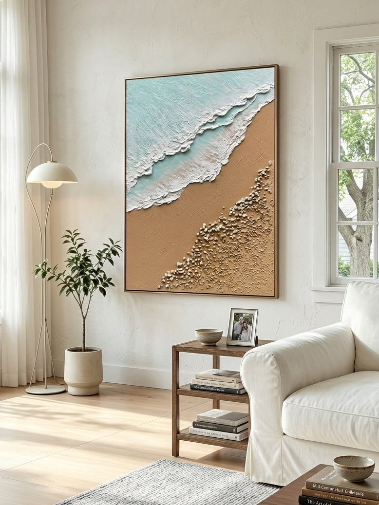 Large hand-painted 3D textured ocean beach canvas painting with sculpted waves and pebbles by Leo Liang for coastal living room decor.
