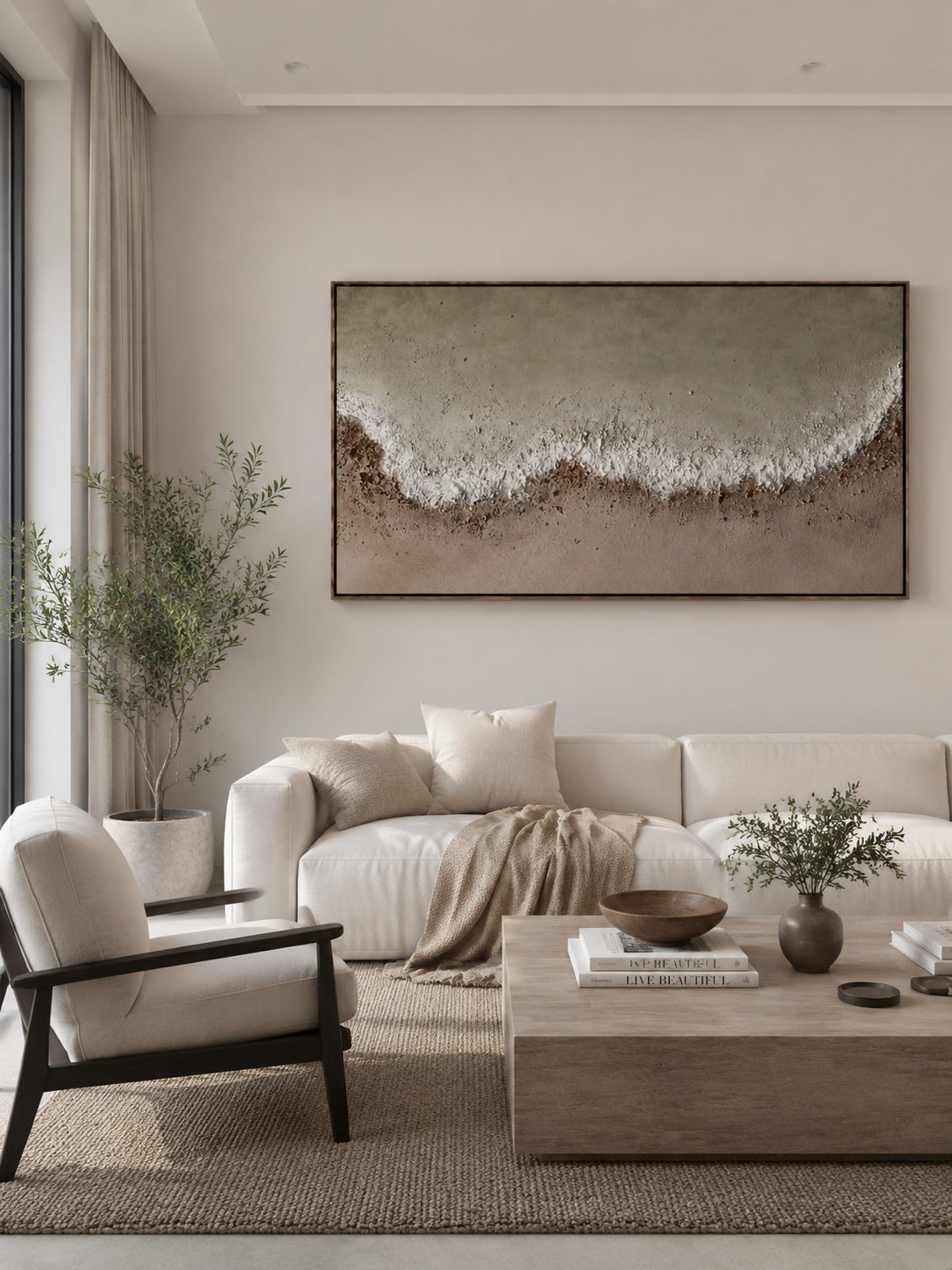 Large 100% hand-painted panoramic modern abstract canvas painting with heavy 3D palette knife texture featuring sage green and earthy clay color-blocking by Leo Liang for living room wall decor.