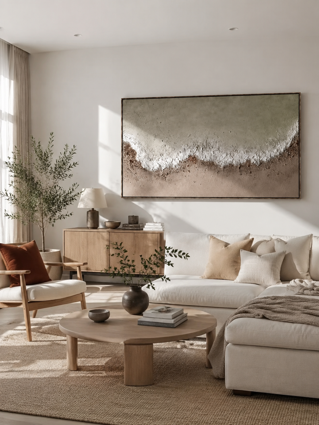Large 100% hand-painted panoramic modern abstract canvas painting with heavy 3D palette knife texture featuring sage green and earthy clay color-blocking by Leo Liang for living room wall decor.