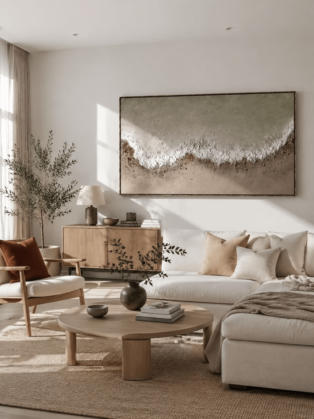 Large 100% hand-painted panoramic modern abstract canvas painting with heavy 3D palette knife texture featuring sage green and earthy clay color-blocking by Leo Liang for living room wall decor.