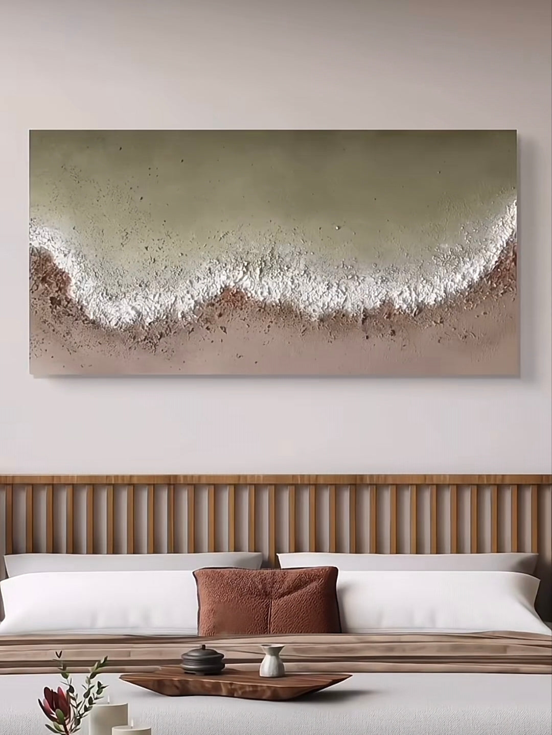 Large 100% hand-painted panoramic modern abstract canvas painting with heavy 3D palette knife texture featuring sage green and earthy clay color-blocking by Leo Liang for living room wall decor.