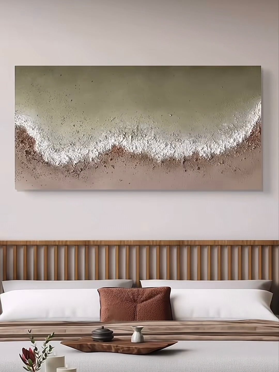 Large 100% hand-painted panoramic modern abstract canvas painting with heavy 3D palette knife texture featuring sage green and earthy clay color-blocking by Leo Liang for living room wall decor.
