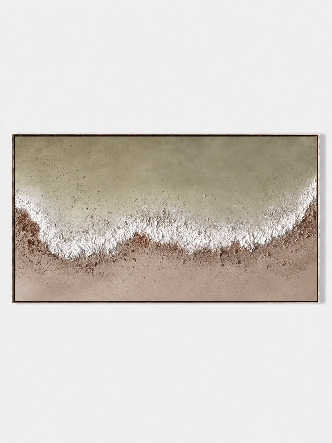 Large 100% hand-painted panoramic modern abstract canvas painting with heavy 3D palette knife texture featuring sage green and earthy clay color-blocking by Leo Liang for living room wall decor.