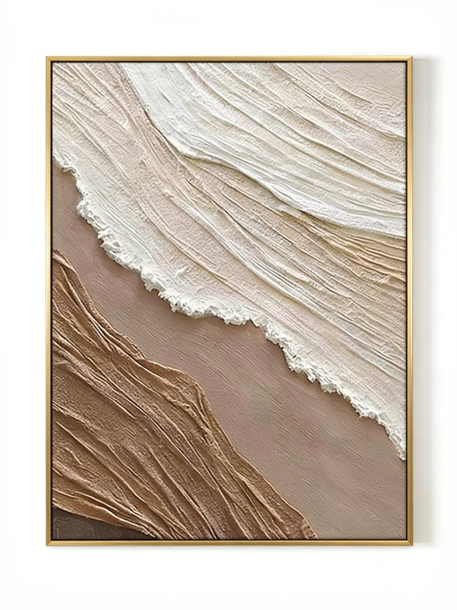 Extra large vertical 3D textured abstract painting with heavy white and beige impasto ridges for modern neutral living room.