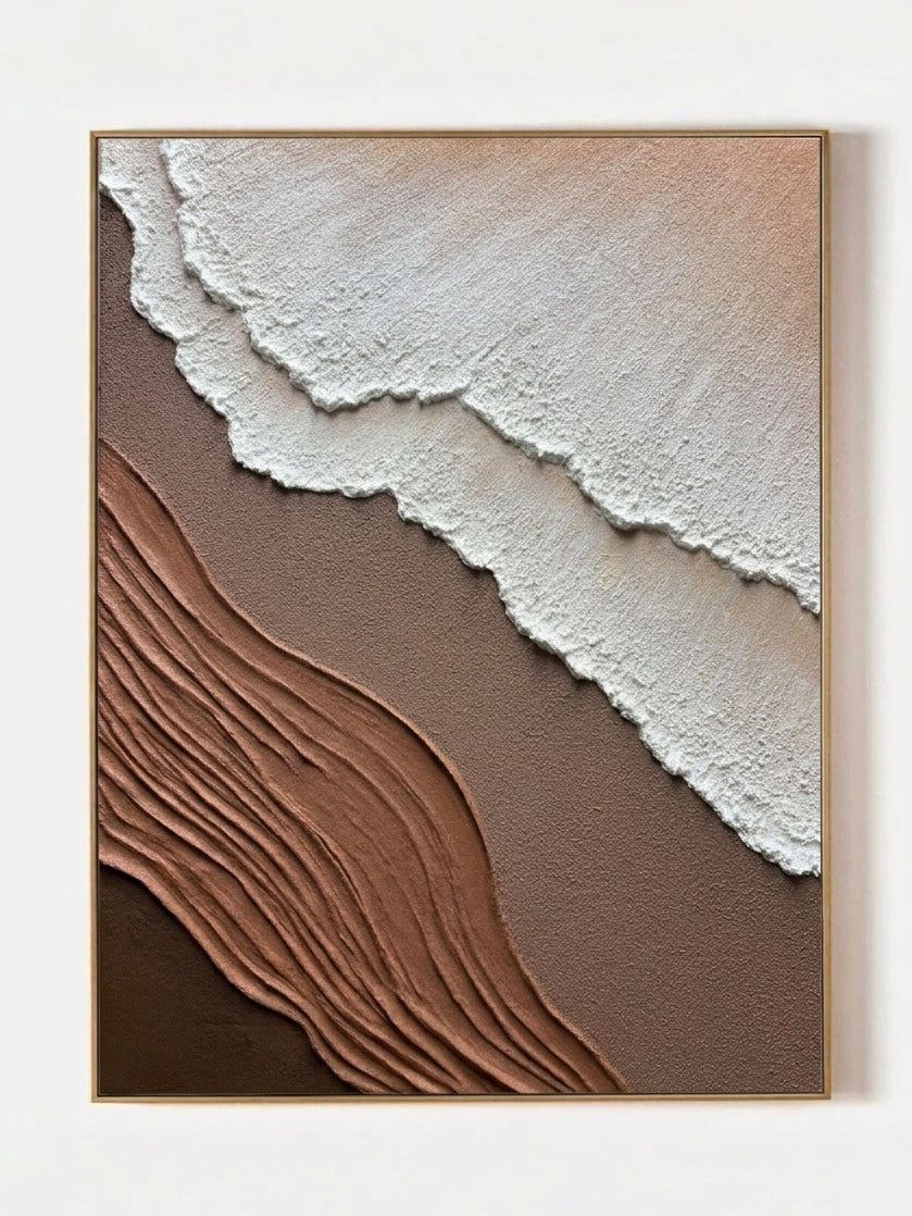 Close-up of heavy textured 3D abstract hand-painting in terracotta and white tones, showcasing impasto technique by Leo Liang for modern living room decor.