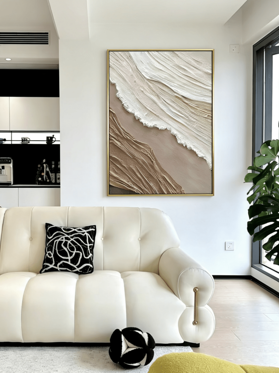 Extra large vertical 3D textured abstract painting with heavy white and beige impasto ridges for modern neutral living room.
