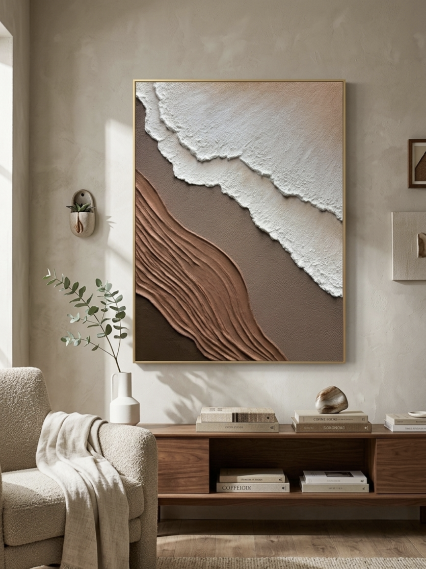 Close-up of heavy textured 3D abstract hand-painting in terracotta and white tones, showcasing impasto technique by Leo Liang for modern living room decor.