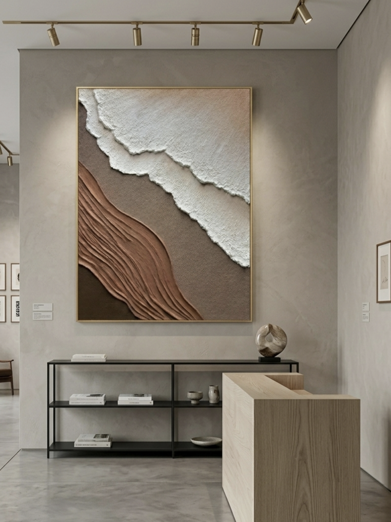 Close-up of heavy textured 3D abstract hand-painting in terracotta and white tones, showcasing impasto technique by Leo Liang for modern living room decor.