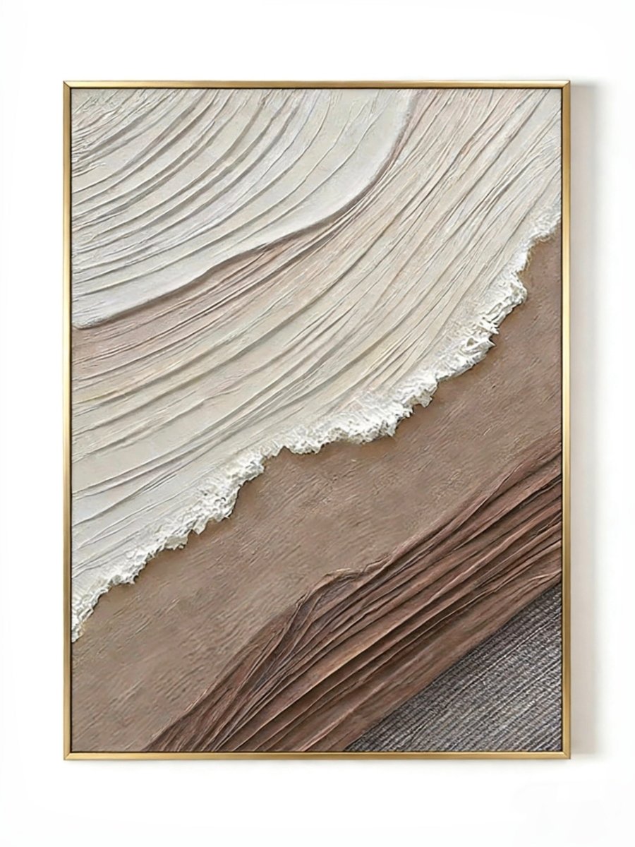 Extra large vertical 3D textured abstract painting with heavy white and brown impasto waves for a modern neutral living room.