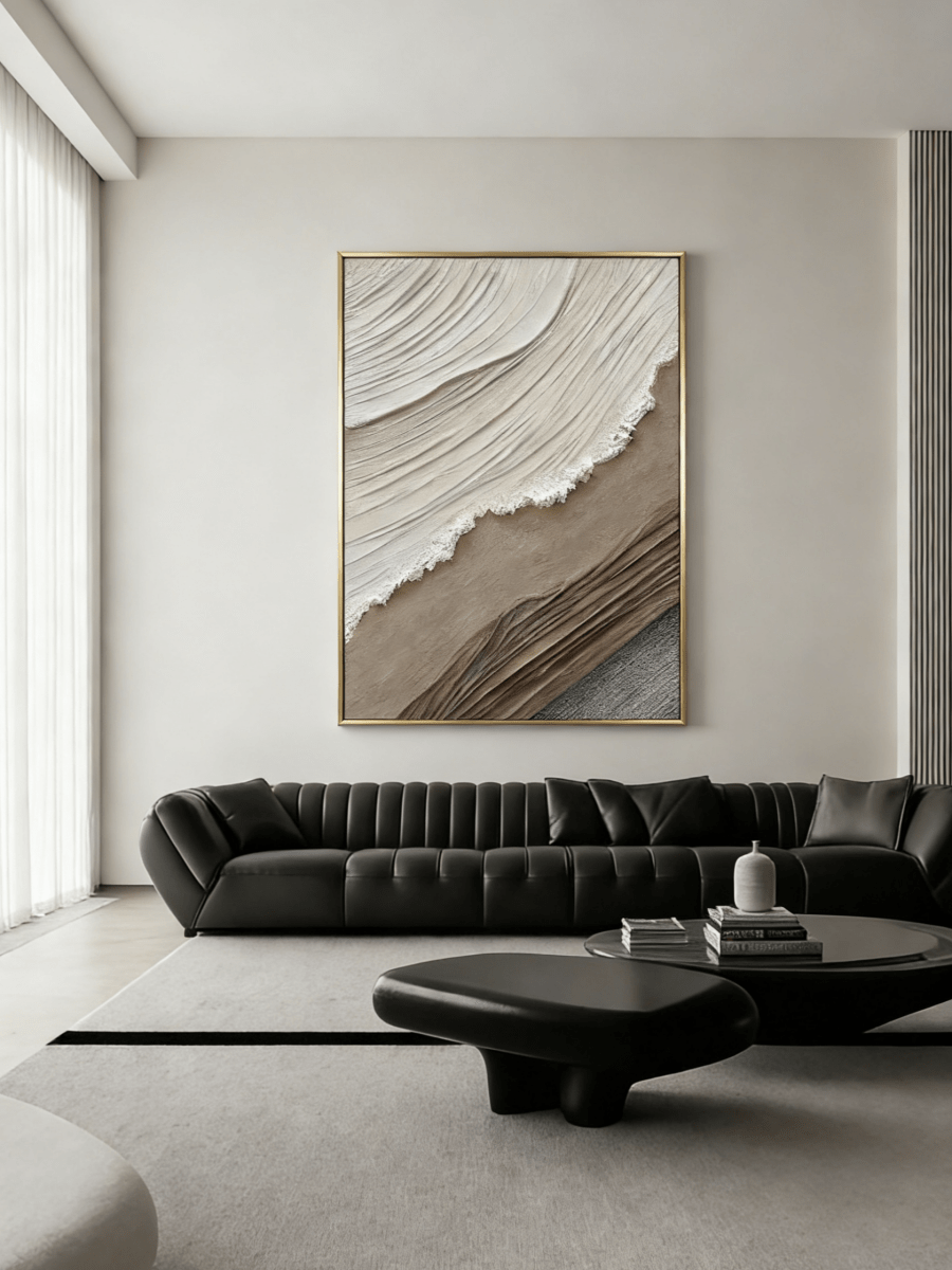Extra large vertical 3D textured abstract painting with heavy white and brown impasto waves for a modern neutral living room.
