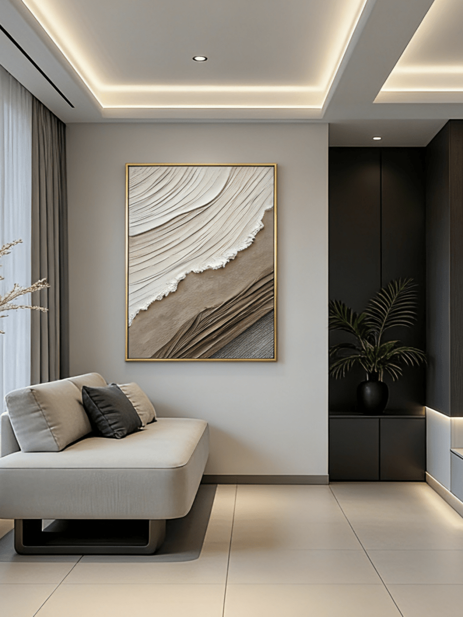 Extra large vertical 3D textured abstract painting with heavy white and brown impasto waves for a modern neutral living room.