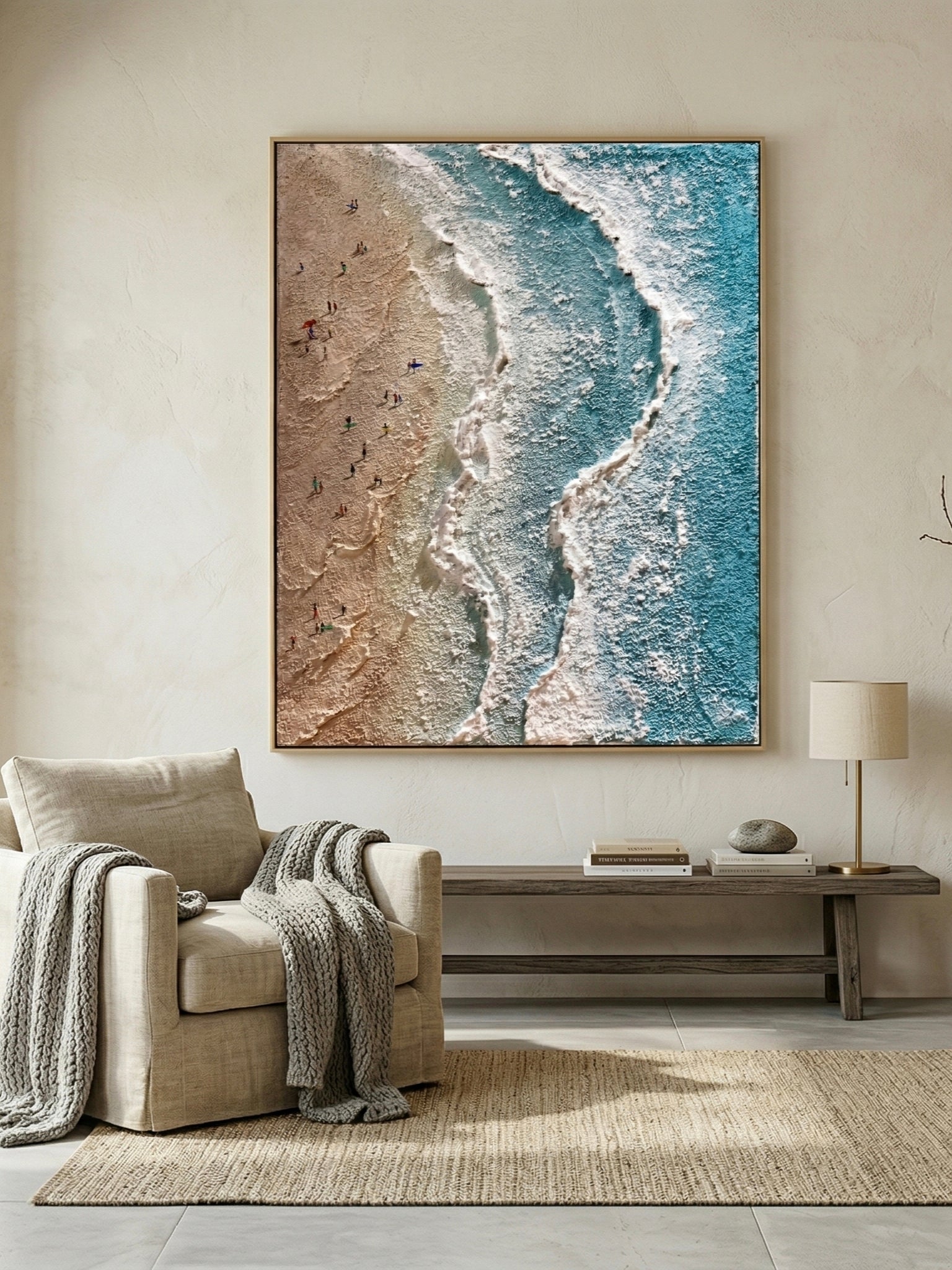 Aerial view of turquoise ocean waves with 3D textured white foam and tiny people on the beach, hand-painted by Leo Liang.