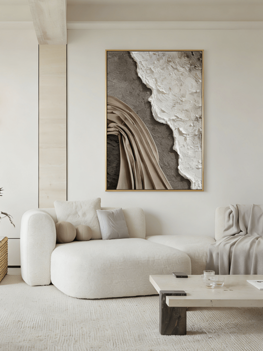 Large vertical 3D textured abstract painting featuring sculptural white and brown fabric-like impasto ridges on a grey mineral background.