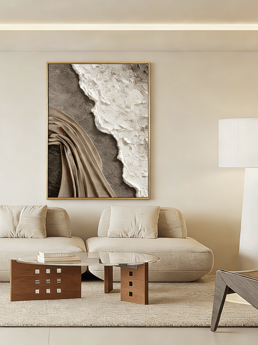 Large vertical 3D textured abstract painting featuring sculptural white and brown fabric-like impasto ridges on a grey mineral background.