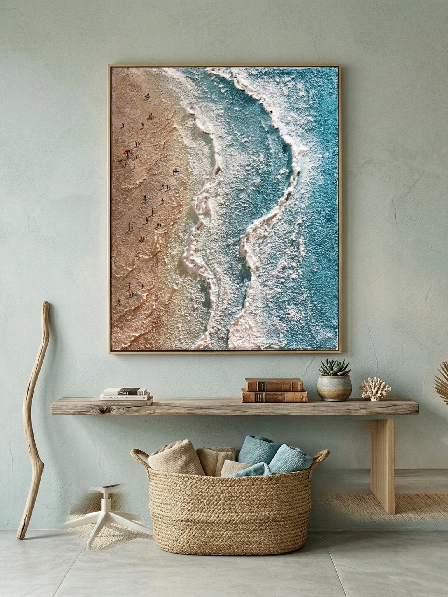 Aerial view of turquoise ocean waves with 3D textured white foam and tiny people on the beach, hand-painted by Leo Liang.