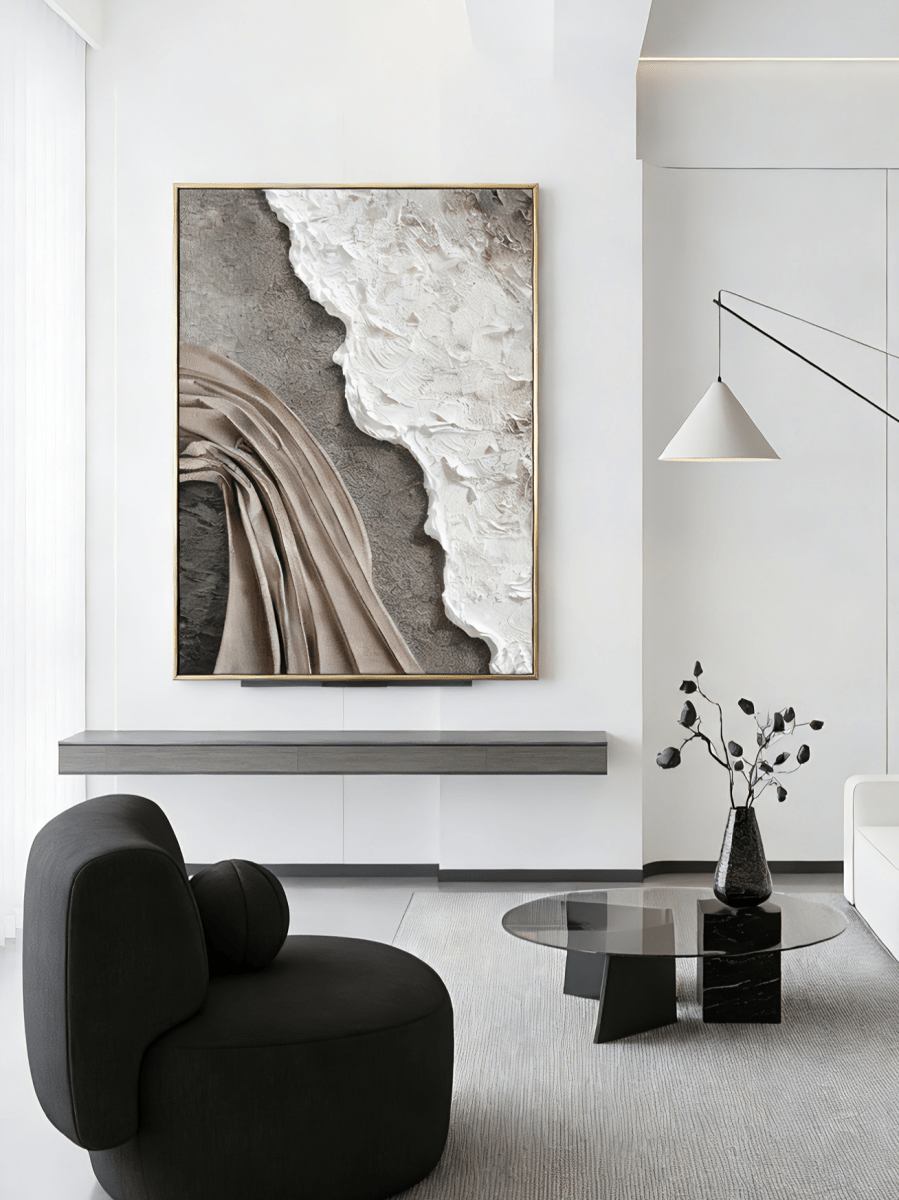 Large vertical 3D textured abstract painting featuring sculptural white and brown fabric-like impasto ridges on a grey mineral background.