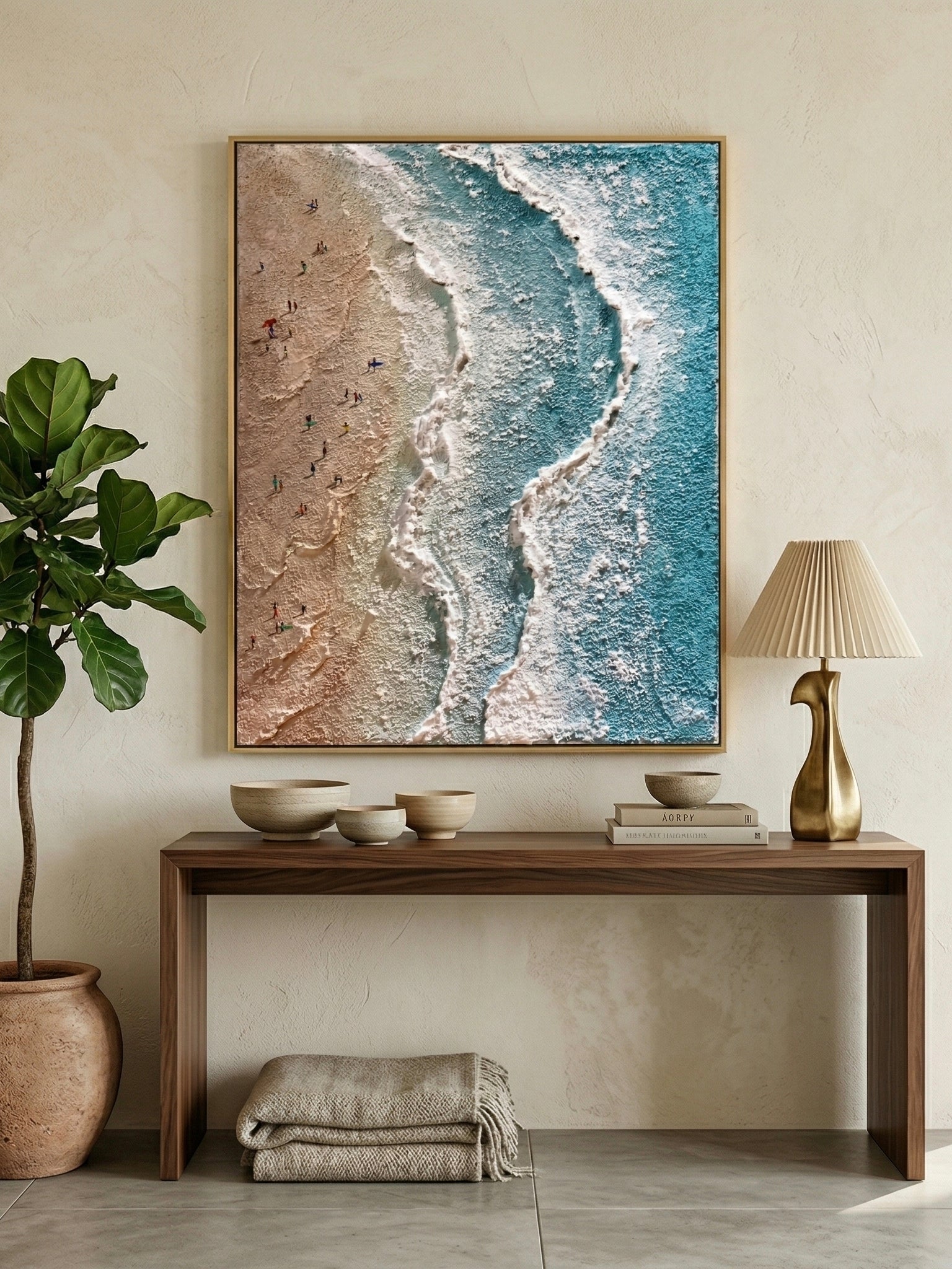 Aerial view of turquoise ocean waves with 3D textured white foam and tiny people on the beach, hand-painted by Leo Liang.
