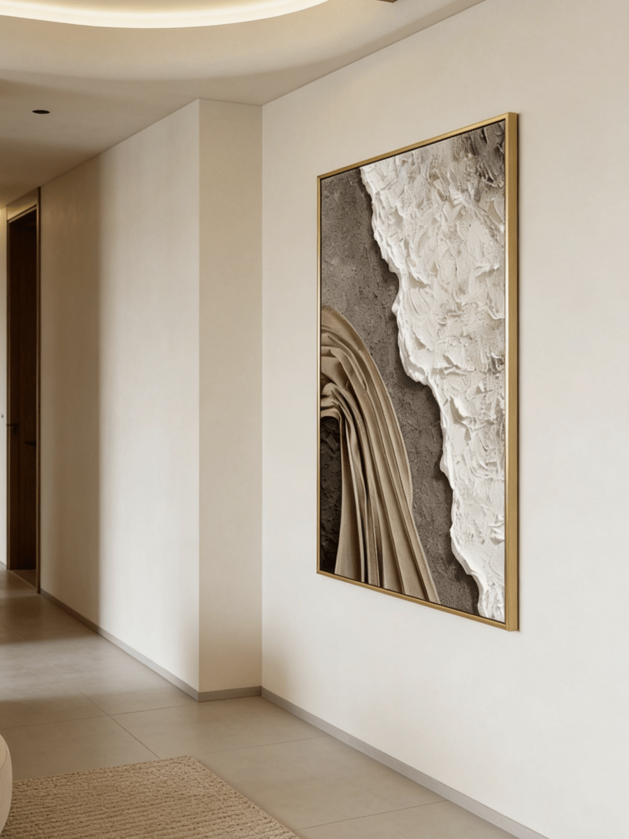 Large vertical 3D textured abstract painting featuring sculptural white and brown fabric-like impasto ridges on a grey mineral background.