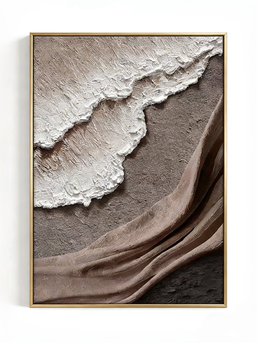 Large vertical 3D textured abstract painting with heavy white and brown impasto ridges for a modern neutral living room.