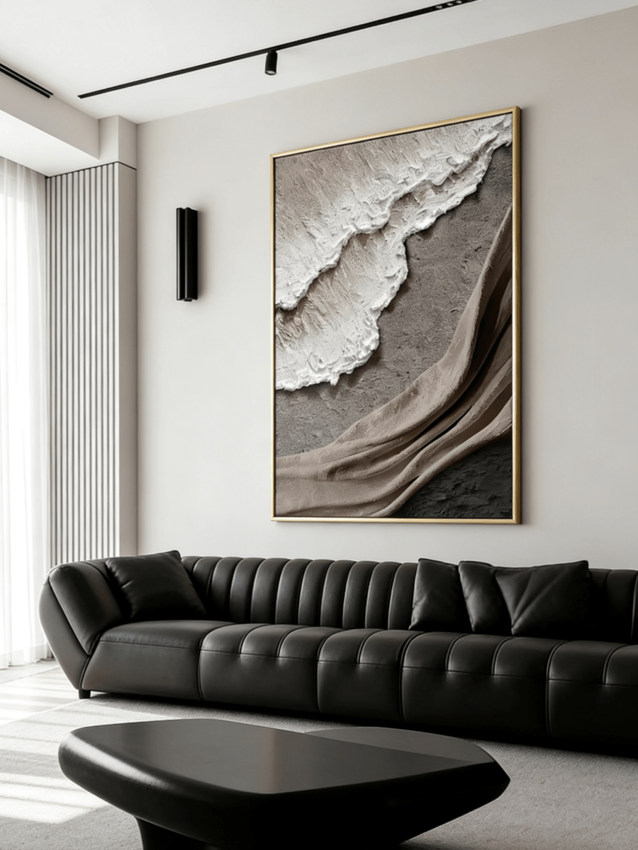 Large vertical 3D textured abstract painting with heavy white and brown impasto ridges for a modern neutral living room.