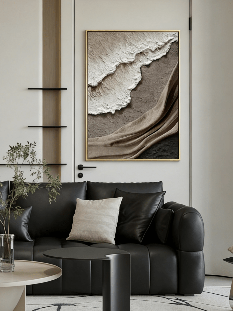 Large vertical 3D textured abstract painting with heavy white and brown impasto ridges for a modern neutral living room.
