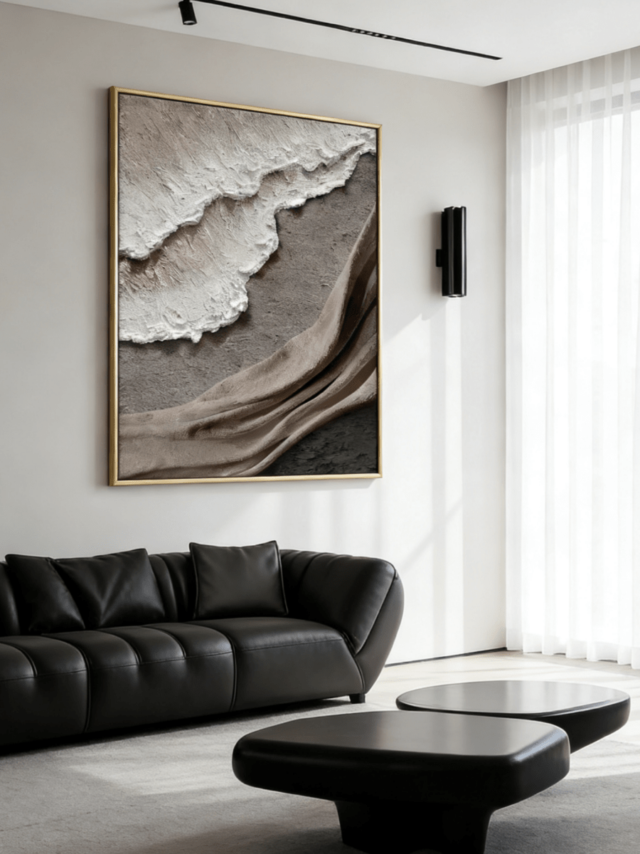 Large vertical 3D textured abstract painting with heavy white and brown impasto ridges for a modern neutral living room.