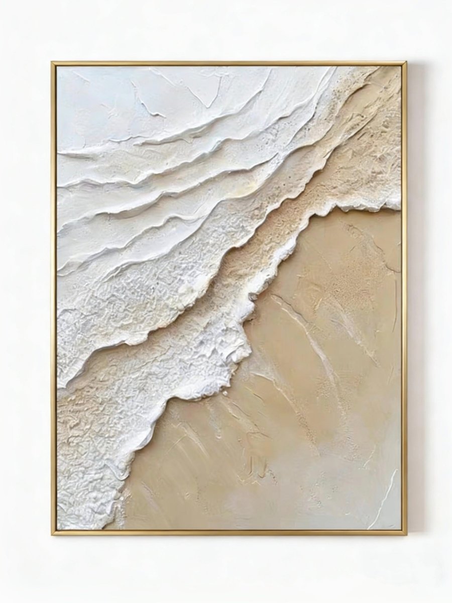Large vertical 3D textured abstract painting with heavy white and beige impasto wave ridges for a modern neutral living room.