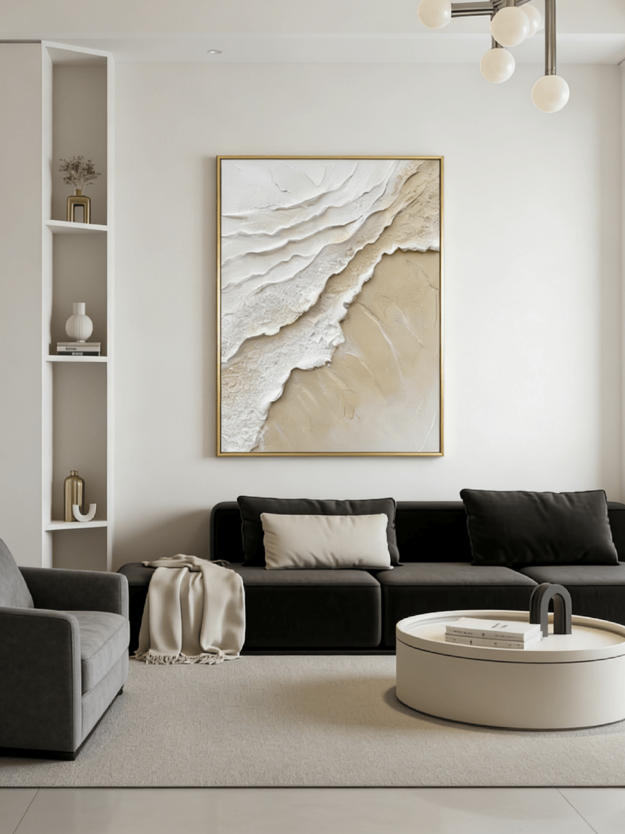 Large vertical 3D textured abstract painting with heavy white and beige impasto wave ridges for a modern neutral living room.