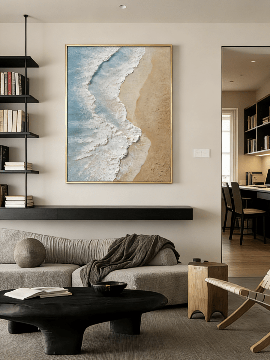 Large vertical 3D textured ocean wave painting featuring white impasto foam and turquoise water on a sandy beach background.