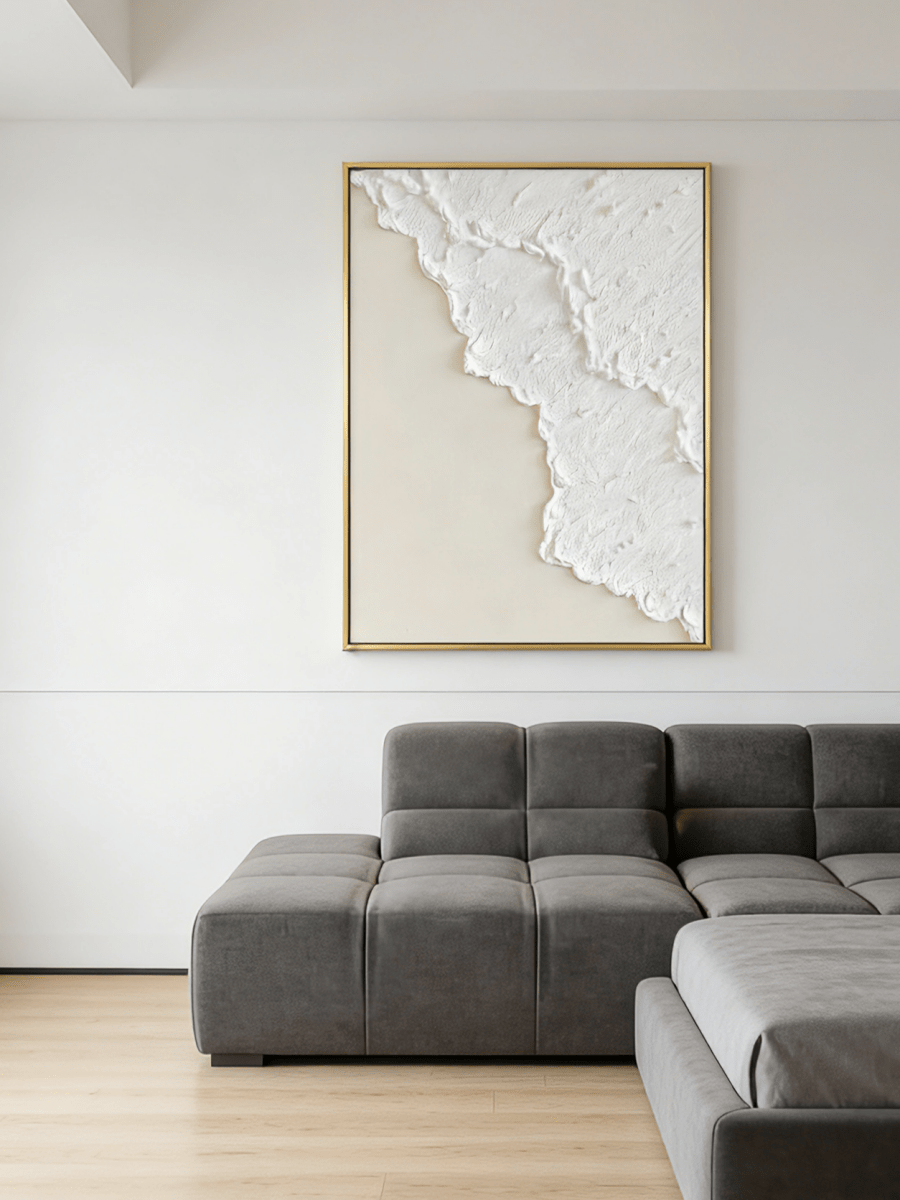 Extra large vertical 3D white textured abstract painting with heavy impasto sculptural ridges for a minimalist modern living room.