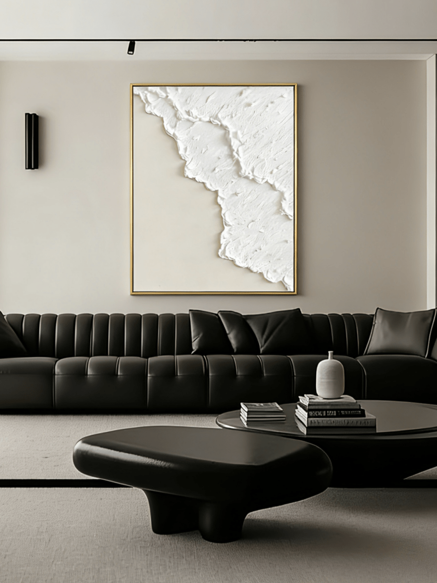 Extra large vertical 3D white textured abstract painting with heavy impasto sculptural ridges for a minimalist modern living room.