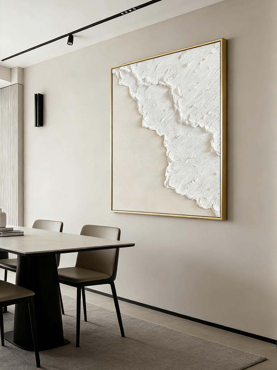 Extra large vertical 3D white textured abstract painting with heavy impasto sculptural ridges for a minimalist modern living room.
