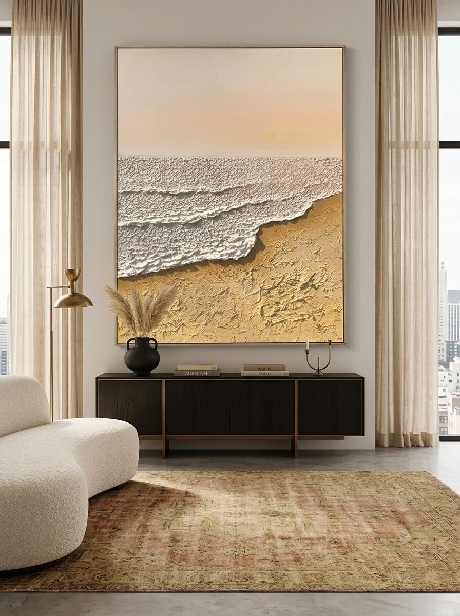 Hand-painted 3D heavy textured abstract beach sunset painting on canvas by Leo Liang, soft pink and ginger yellow wabi-sabi wall art for modern living room decor.
