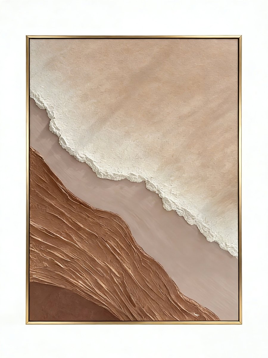 Close-up of a hand-painted 3D textured abstract beach painting featuring heavy wave-like ridges in sand beige and ochre in a gold frame.