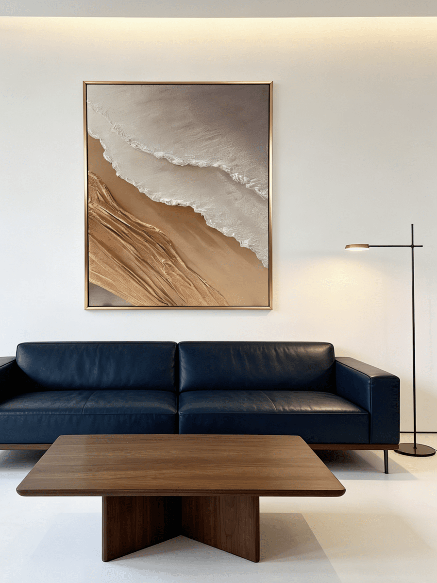 Hand-painted 3D textured abstract coastal painting featuring heavy sculpted ridges in sand beige and ochre in a gold floater frame.