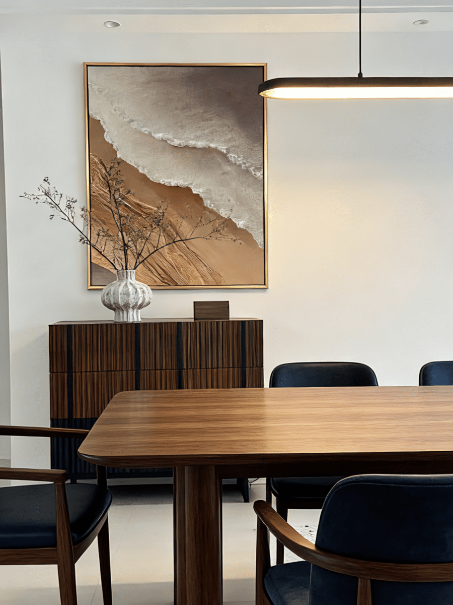 Hand-painted 3D textured abstract coastal painting featuring heavy sculpted ridges in sand beige and ochre in a gold floater frame.