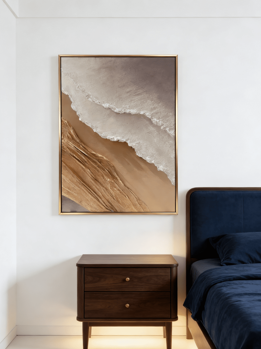 Hand-painted 3D textured abstract coastal painting featuring heavy sculpted ridges in sand beige and ochre in a gold floater frame.