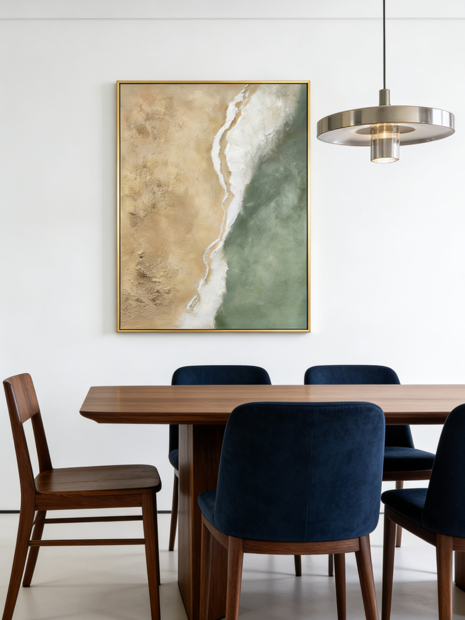 Close-up of a hand-painted 3D textured abstract beach painting with heavy white sculpted foam over sage green and sand backgrounds in a gold frame.