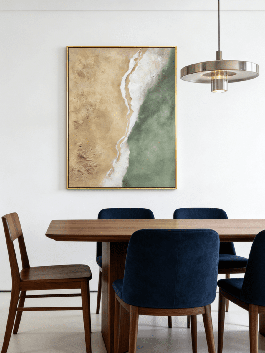 Close-up of a hand-painted 3D textured abstract beach painting with heavy white sculpted foam over sage green and sand backgrounds in a gold frame.