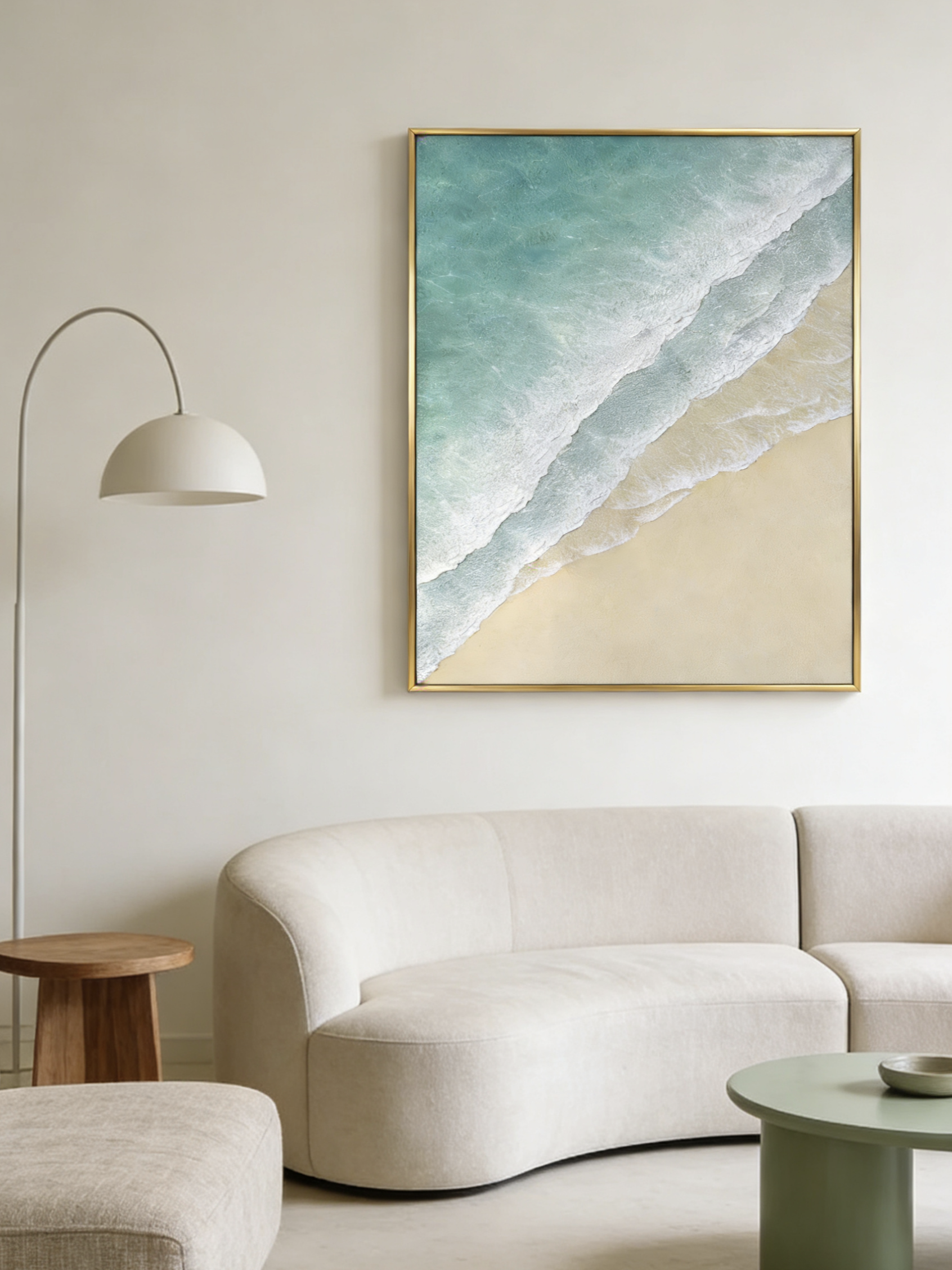Hand-painted 3D textured beach painting with three distinct layers of thick white sculpted seafoam and mint green water in a gold frame.