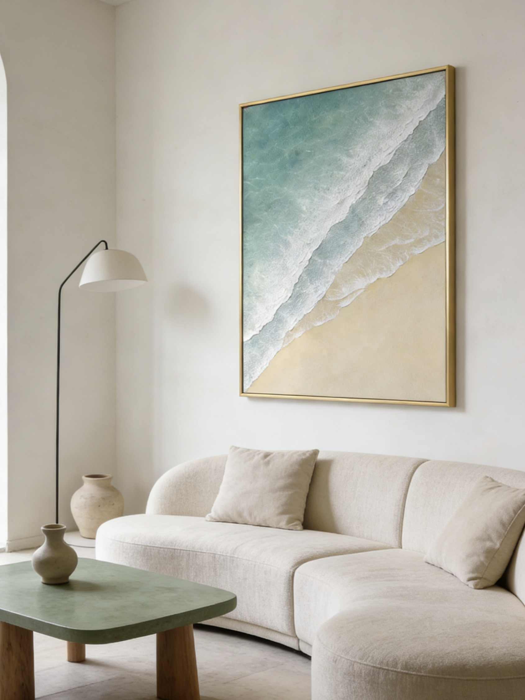 Hand-painted 3D textured beach painting with three distinct layers of thick white sculpted seafoam and mint green water in a gold frame.