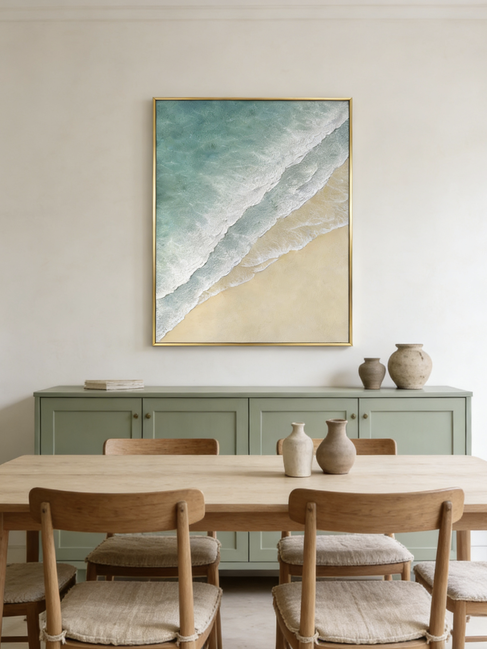 Hand-painted 3D textured beach painting with three distinct layers of thick white sculpted seafoam and mint green water in a gold frame.