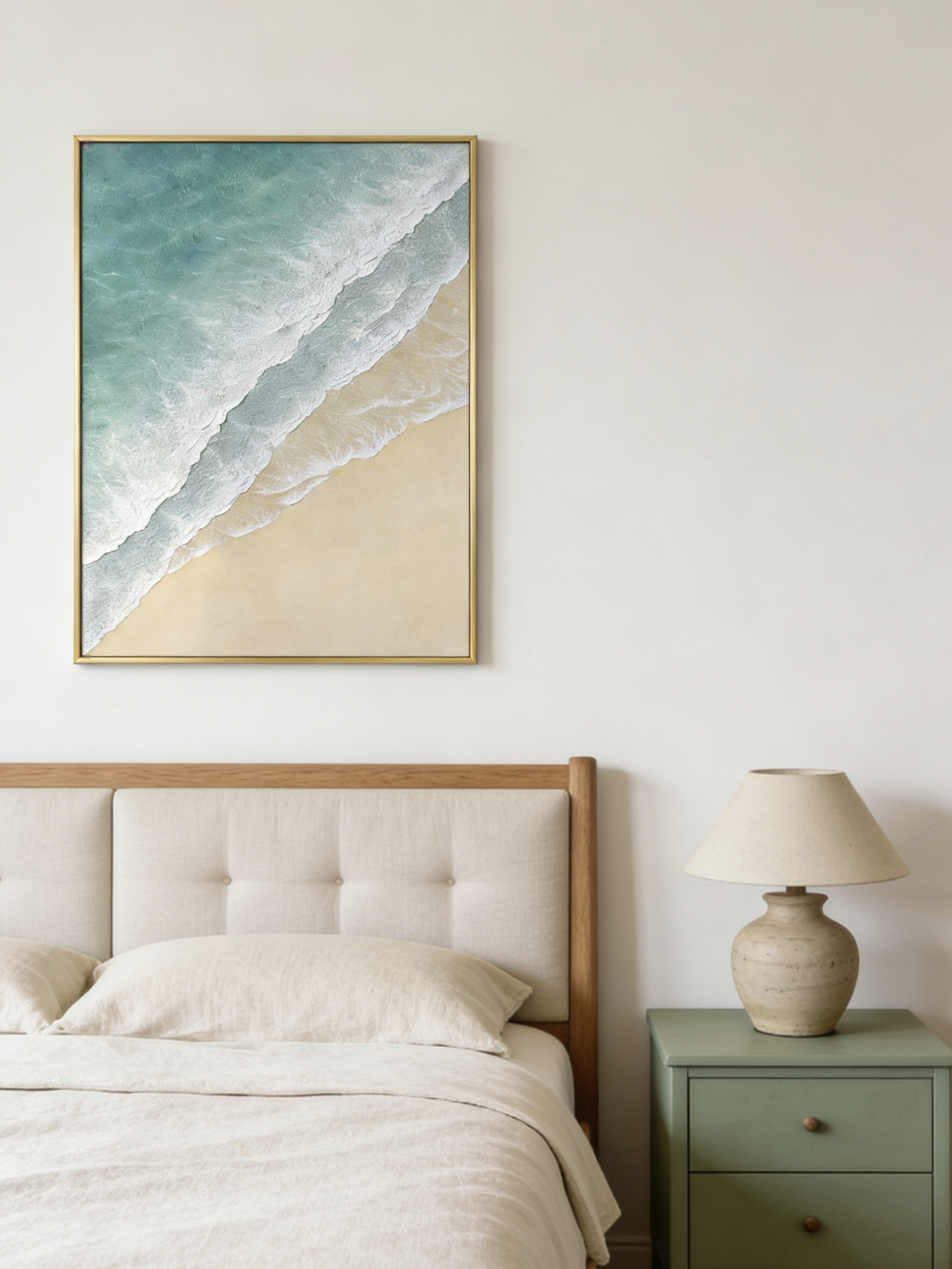Hand-painted 3D textured beach painting with three distinct layers of thick white sculpted seafoam and mint green water in a gold frame.