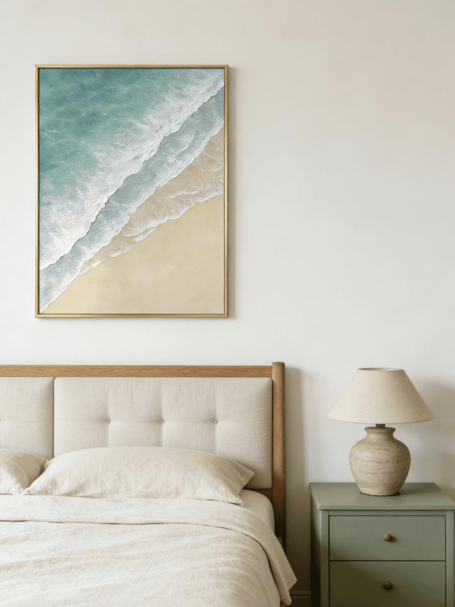Hand-painted 3D textured beach painting with three distinct layers of thick white sculpted seafoam and mint green water in a gold frame.